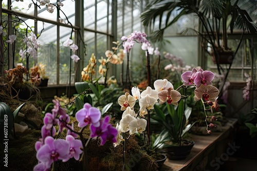 close-up of vibrant orchids in greenhouse  with windows and doors visible  created with generative ai
