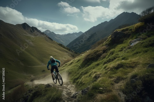 mountain biker racing down a winding path, with the view of distant peaks visible in the background, created with generative ai