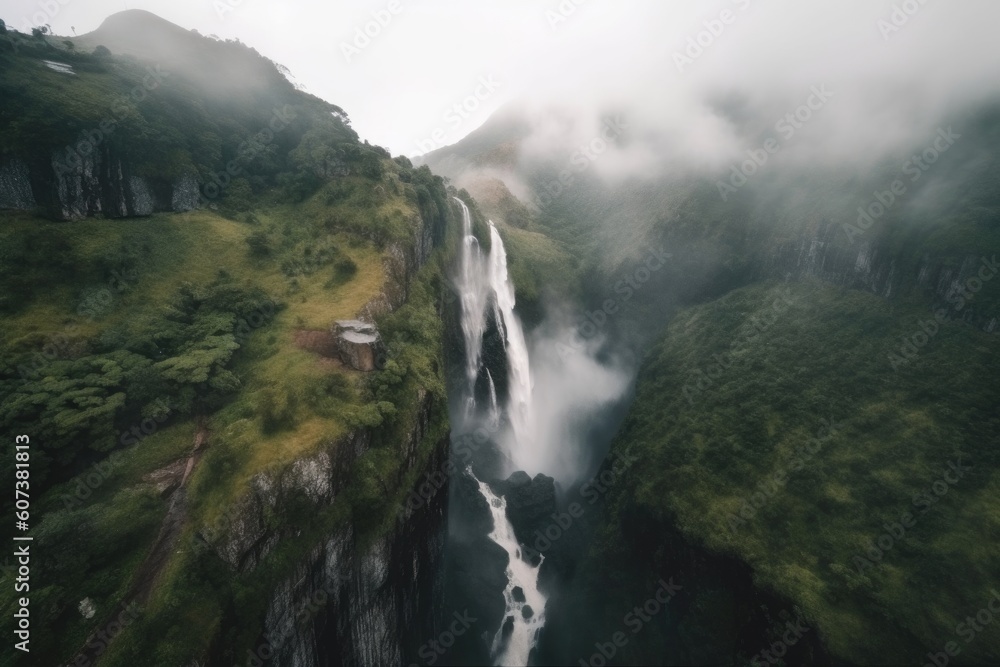 majestic waterfall with aerial view of its misty surroundings, created with generative ai majestic waterfall with aerial view of its misty surroundings, created with generative ai
