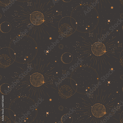 universe alchemy space background, crescent celestal astrology seamless pattern. Night sky Star constellation