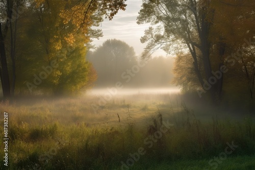 morning fog surrounds meadow, with the sun beginning to peek through the clouds, created with generative ai