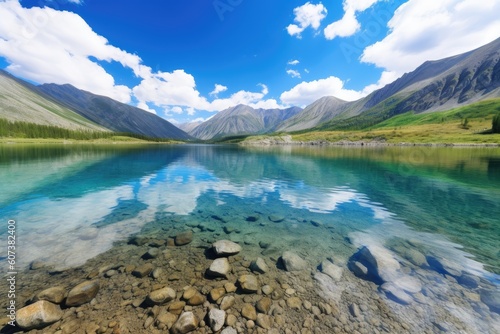crystal clear lake surrounded by mountains, with blue sky and clouds in the background, created with generative ai © altitudevisual
