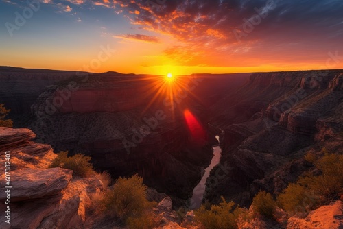 fiery sunset over canyon, with the sun casting its golden rays on the landscape, created with generative ai © altitudevisual