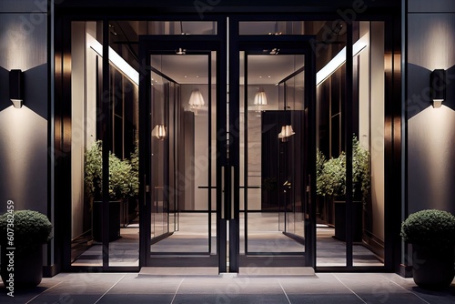 modern glass entrance doors with sleek and minimalist design for upscale hotel  created with generative ai