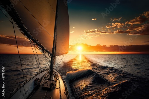 sunrise sails with the sun peeking over the horizon, created with generative ai