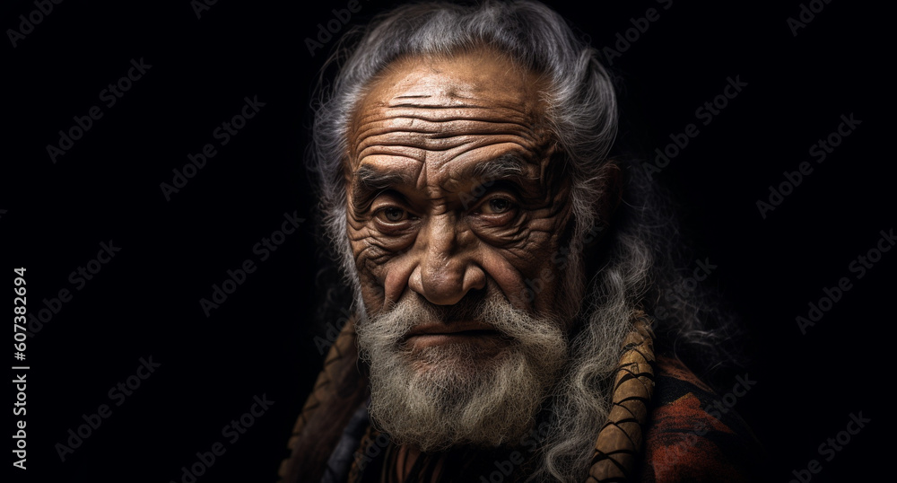 A mature aged tribal man with face tattoos, wisdom, maturity, strength, understanding. Isolated on a black background with copy space. Developed with generative ai A mature aged tribal man with face tattoos, wisdom, maturity, strength, understanding. Isolated on a black background with copy space. Developed with generative ai