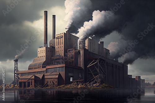 large pulp and paper mill, with smoke and steam billowing from the factory, created with generative ai