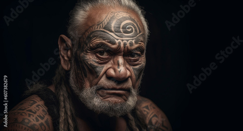 A mature aged tribal man with face tattoos, wisdom, maturity, strength, understanding. Isolated on a black background with copy space. Developed with generative ai