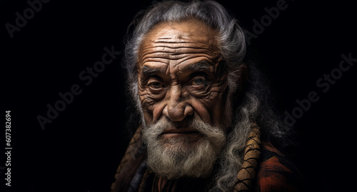 A mature aged tribal man with face tattoos, wisdom, maturity, strength, understanding. Isolated on a black background with copy space. Developed with generative ai © ImageDesign
