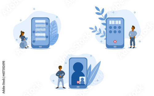 communication illustration set. characters are using mobile phones to communication and technology can many types of contact such as chat, video call, and call. technology for contact concept vector.