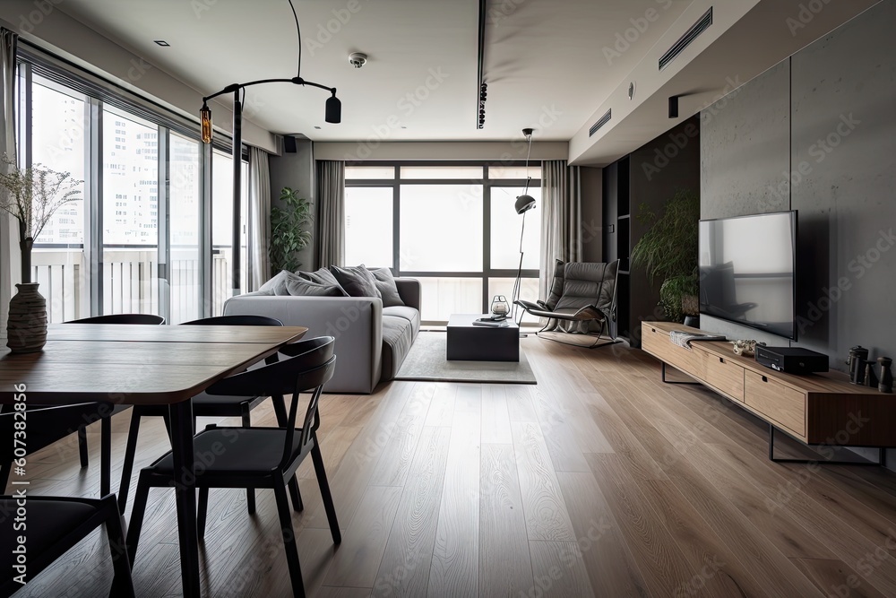 Fototapeta premium minimalist apartment, with open and airy spaces, wooden floors, and contemporary furnishings, created with generative ai