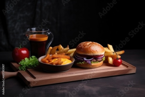 classic burger, fries and cup of fresh fruit on wooden serving tray, created with generative ai