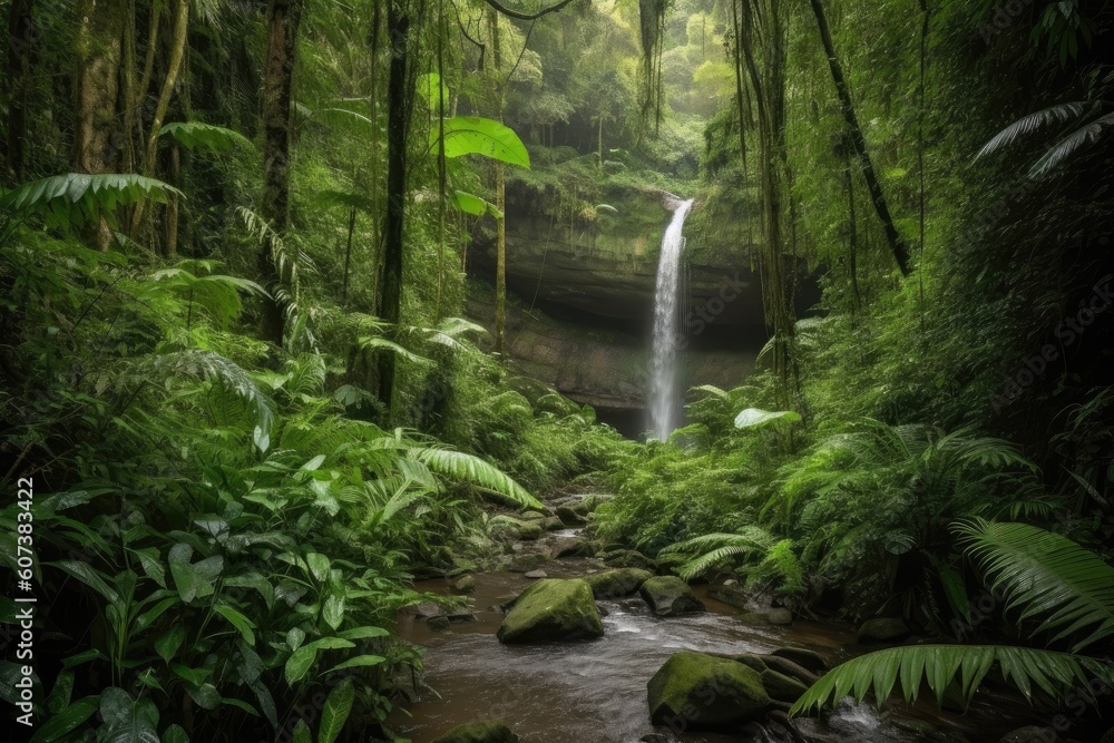 majestic waterfall cascading into lush jungle valley, created with generative ai majestic waterfall cascading into lush jungle valley, created with generative ai