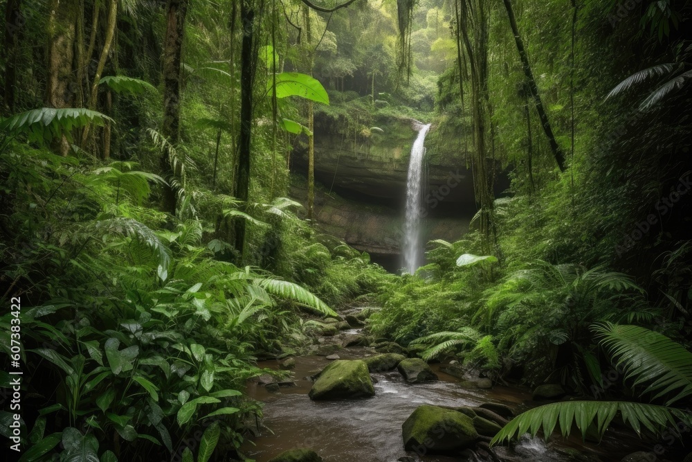 majestic waterfall cascading into lush jungle valley, created with generative ai