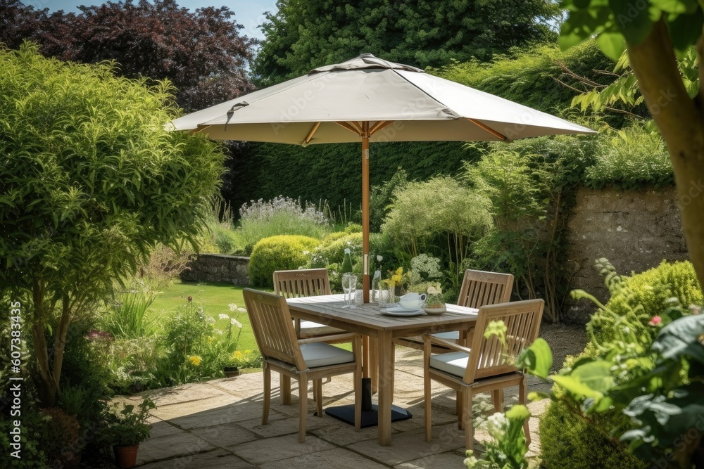 Obraz premium relaxing garden with private dining area and romantic setting for two, created with generative ai