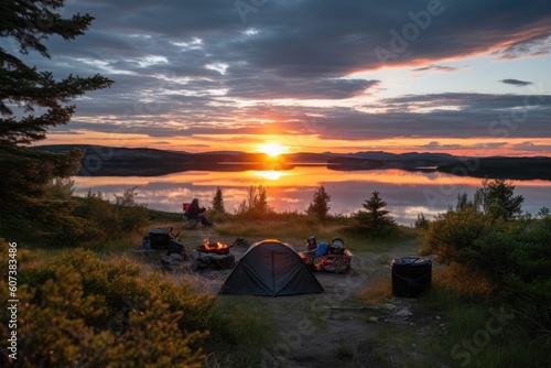 campsite setup with a view of the sunset over the lake, created with generative ai