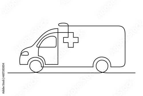 Ambulance vehicle in continuous line art drawing style. Emergency ambulance van with Red Cross symbol black linear sketch isolated on white background. Vector illustration