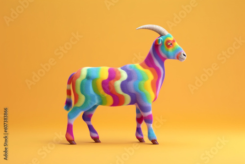 Colorful goat is standing in front of a rainbow background © Grafigator