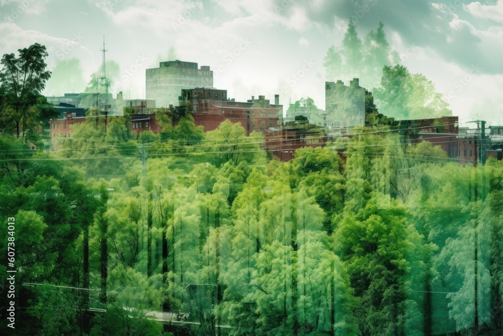 multiple exposure shot of a green forest superimposed over an urban landscape, created with generative ai