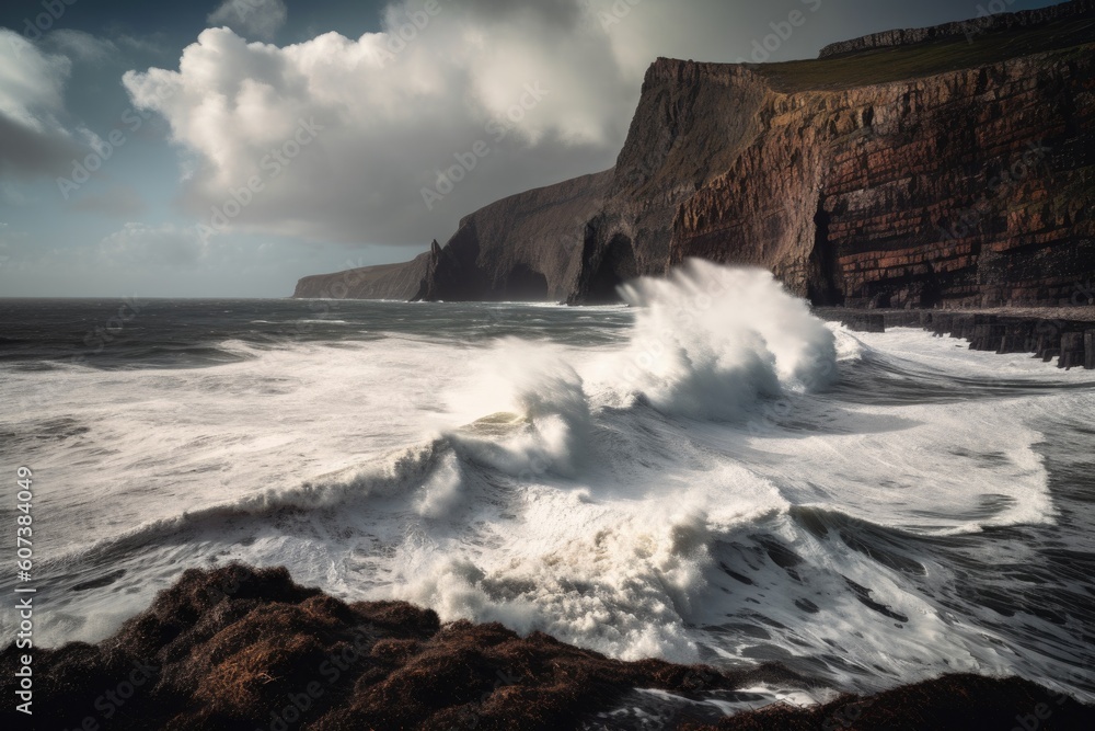 waves crashing against the cliffs, with dramatic sky in the background, created with generative ai