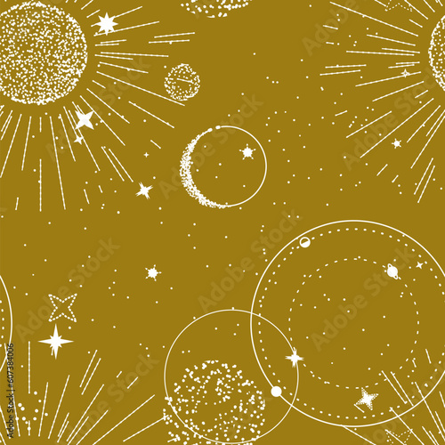 Celestial seamless pattern, boho moon, sun , star constellation Cosmos sign Esoteric magic background yellow mustard white colors.