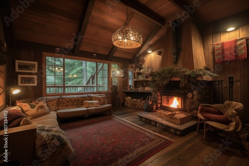 cozy cabin retreat with roaring fireplace  surrounded by warm and inviting decor  created with generative ai