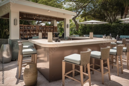 outdoor bar with seating and full service, offering cocktails and refreshments, created with generative ai © altitudevisual