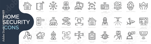 Set of line icons related to home security, house protection, smart house. Outline icon collection. Editable stroke. Vector illustration