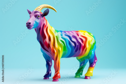 Colorful goat is standing in front of a rainbow background © Grafigator