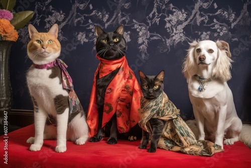 feline and canine models posing in their latest designs on red carpet event, created with generative ai