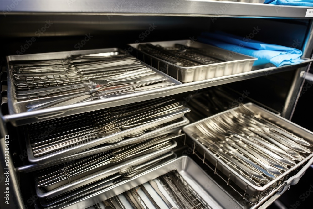 instrument tray with surgical instruments arranged in rows and ready for use, created with generative ai instrument tray with surgical instruments arranged in rows and ready for use, created with generative ai