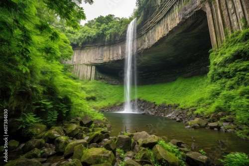 majestic waterfall cascading over towering rock formation  surrounded by lush greenery  created with generative ai