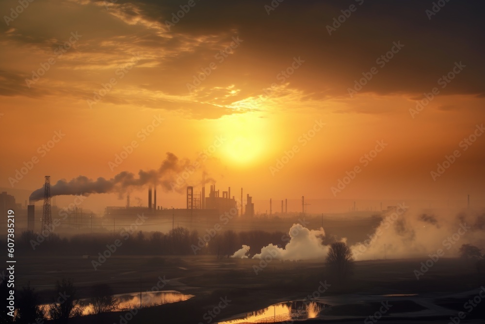 air pollution from industrial processes lingering in the air during sunset, created with generative ai