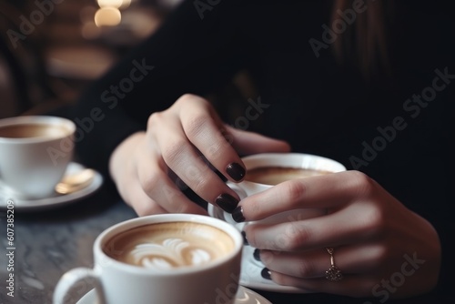 close-up shot of delicate hands  sipping coffee and savoring the moment  created with generative ai