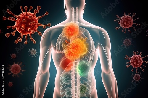 Projection of the silhouette of the human body in the environment of cells that carry diseases. An acquired immunodeficiency virus cell that attacks healthy cells, generative AI.