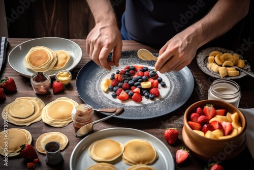 a cook, decorating a plate of homemade pancakes and fruit, for the breakfast of champions, created with generative ai