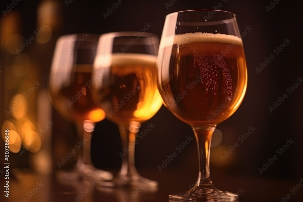 the glasses of beer in the close-up, with blurred background and light streaks, created with generative ai the glasses of beer in the close-up, with blurred background and light streaks, created with generative ai