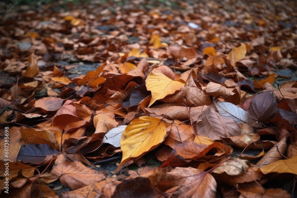 close-up of a pile of fallen leaves on the ground, created with generative ai