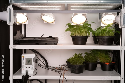 close-up of the various parts and pieces that go into a homegrow setup, including lighting and ventilation, created with generative ai photo