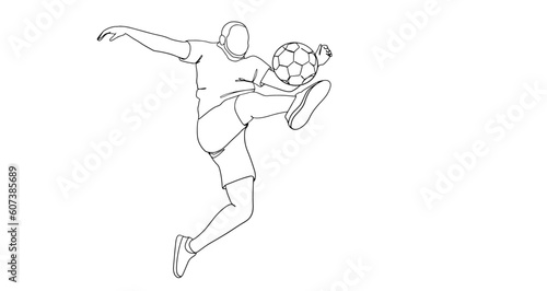 Football player man jumping and kicking the ball in the air outline vector illustraion. Footballer digs the ball in a jump line art vector. 