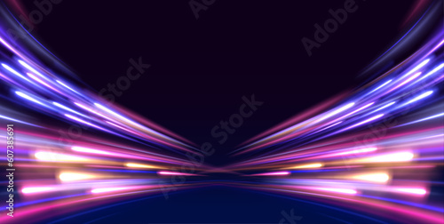 Image of speed motion on the road. Abstract background in blue and purple neon glow colors. Speed of light in galaxy. Panoramic high speed technology concept, light abstract background. Vector.
