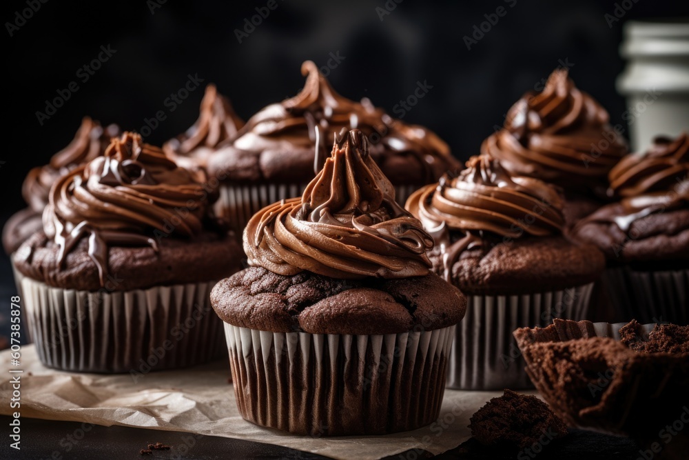 stack of deliciously moist and rich chocolate cupcakes with swirls of creamy frosting, created with generative ai stack of deliciously moist and rich chocolate cupcakes with swirls of creamy frosting, created with generative ai