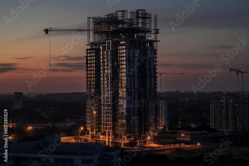View of a modern house under construction with a crane during sunset or sunrise. 