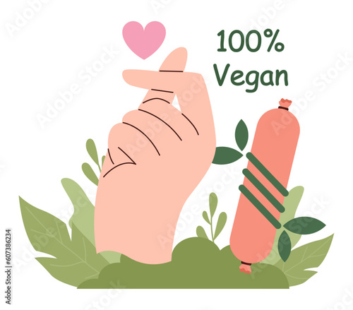 Healthy vegan diet. Character eating meat substitutes, meatless