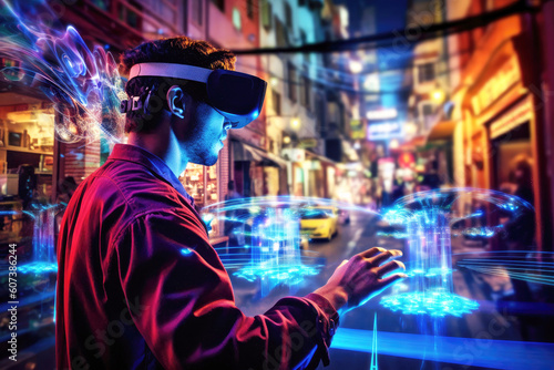 The guy in the virtual reality glasses. A 3D cyberspace meta-universe concept that epitomises futuristic augmented reality in gaming and entertainment. Generative AI photo