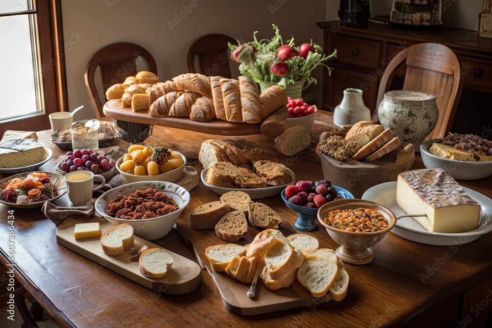 table setting with assortment of artisan breads, cheeses, and spreads, created with generative ai