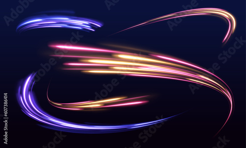 Lines in the shape of a comet against a dark background. Vortex streams of neon light. Magic of moving fast lines. Laser beams, horizontal light rays. Vector.