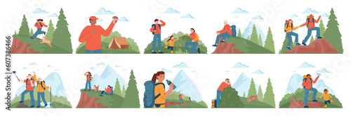 Outdoor camping and hiking set. Character spending time in nature