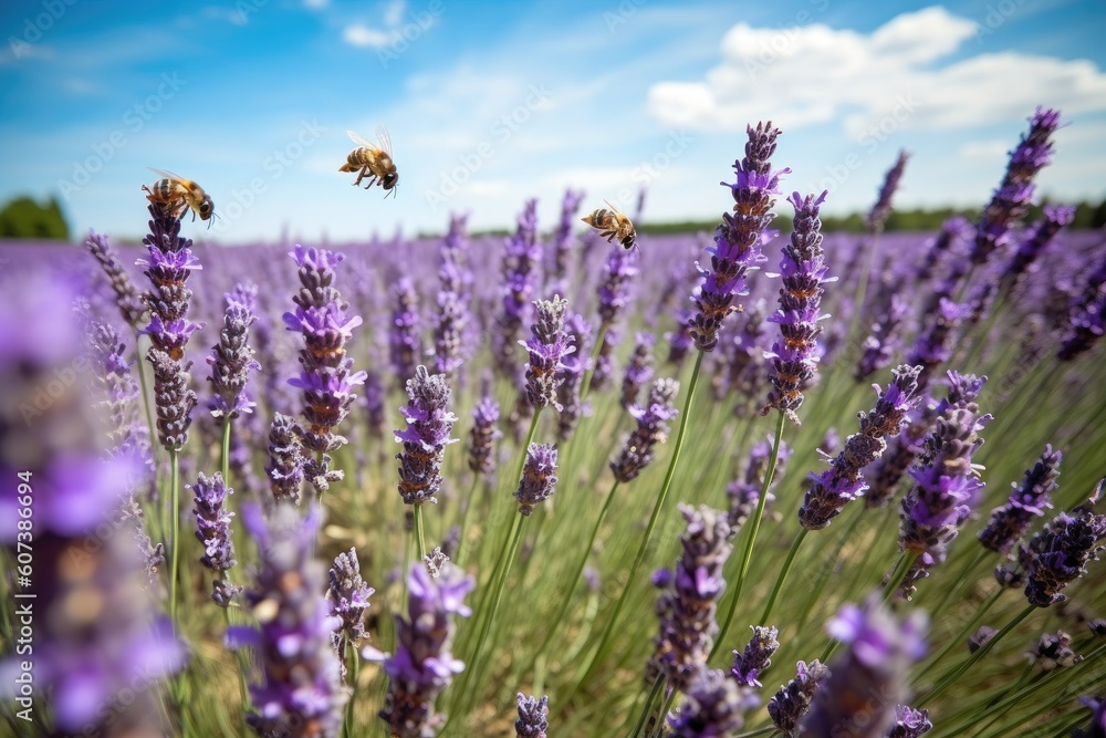 lavender field blooming in full bloom, with bees buzzing and butterflies fluttering, created with generative ai