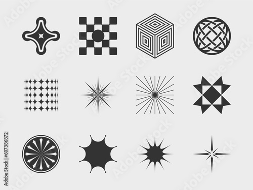 abstract collection 7 graphic geometric symbols and objects in y2k style. Templates for notes, posters, banners, stickers, business cards, logo.
